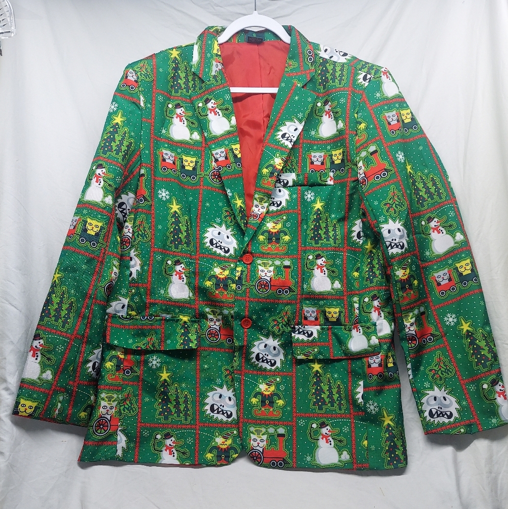 Christmas Suit Sportscoat Blazer Size L Green Monster Elf Cat Train Snowman